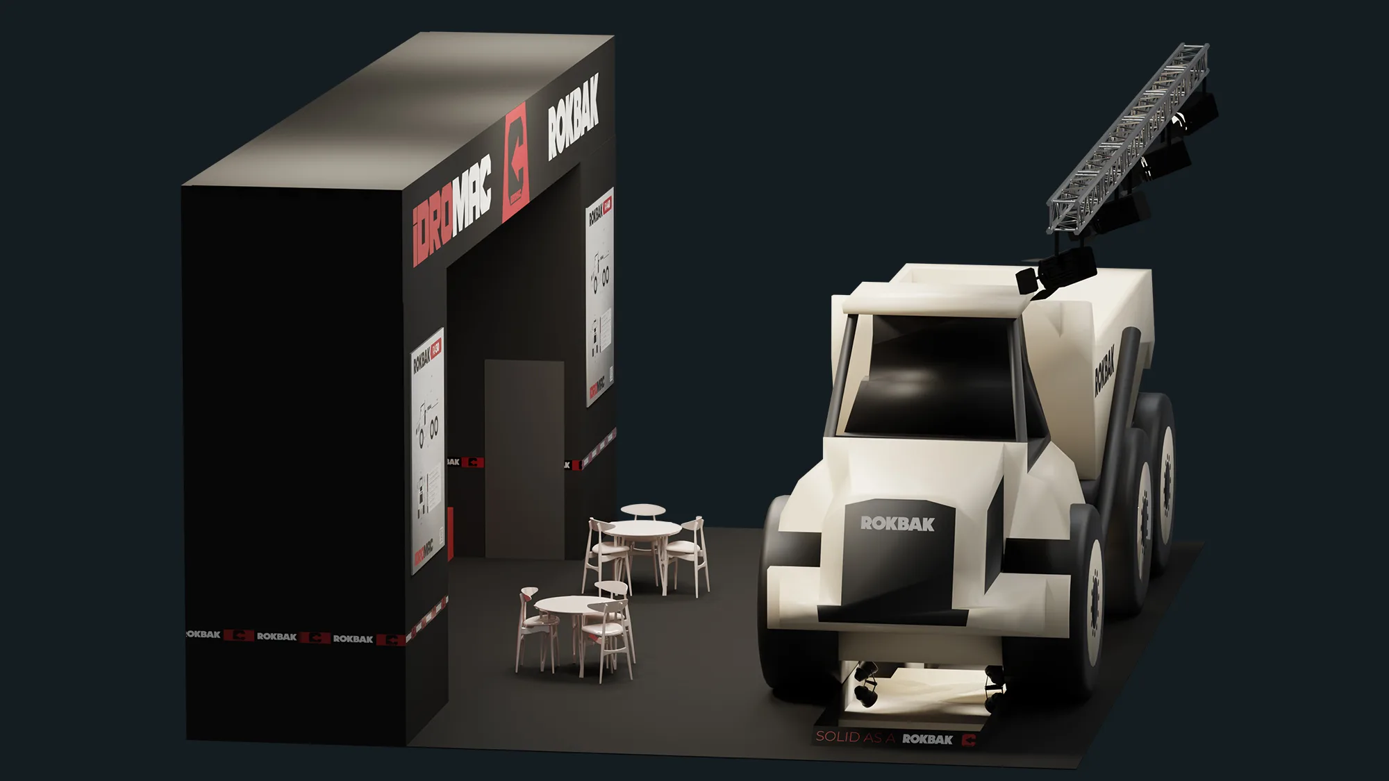 Vista frontale della grafica dello stand Idromac per SaMoTer